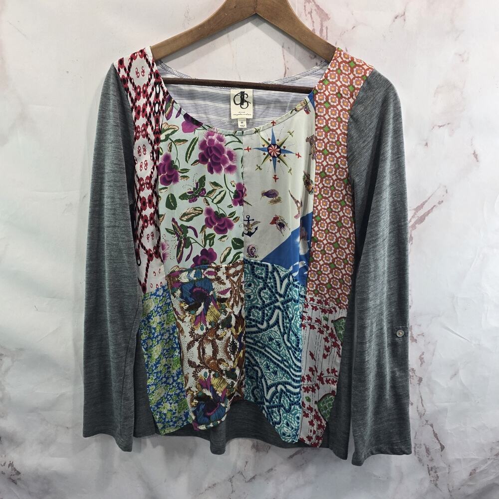 Anthropologie T Shirt Womens Medium Gray Pink Blouse Patchwork Floral September